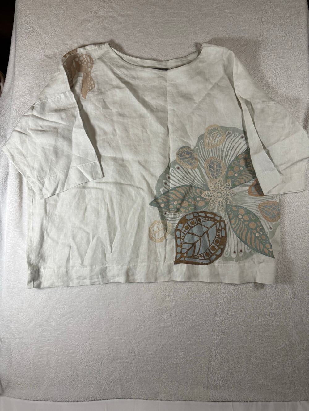 Vintage Blue Fish Clothing Linen Top White Hand Printed Floral Leaf Lagenlook 1